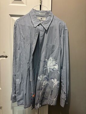 American Eagle Outfitters Navy and White Striped Vintage Fit Button-Up